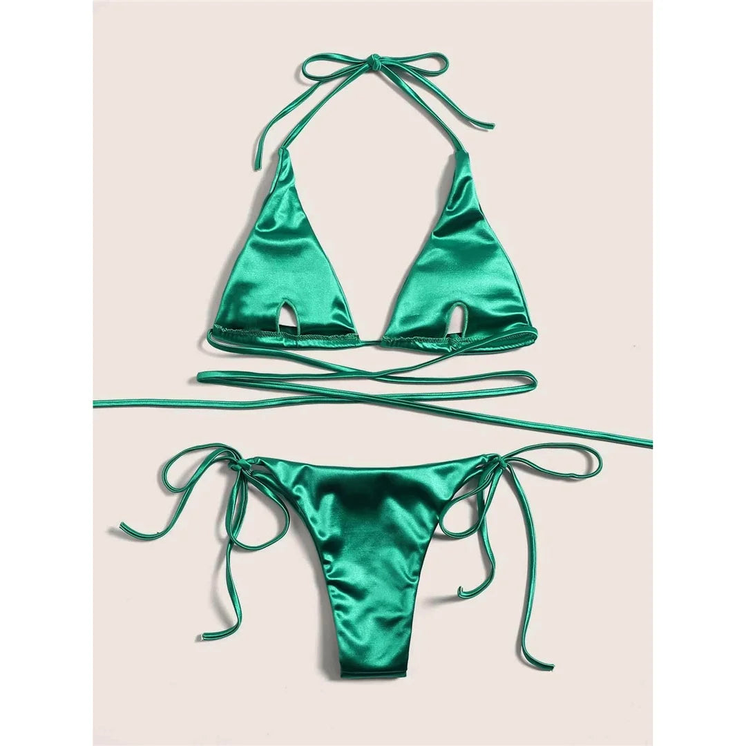 Sexy 13 colori Halter Satin Bikini brasiliano Donna Costumi da bagno Costume da bagno femminile Bikini a due pezzi Bagnante Costume da bagno Swim V4966