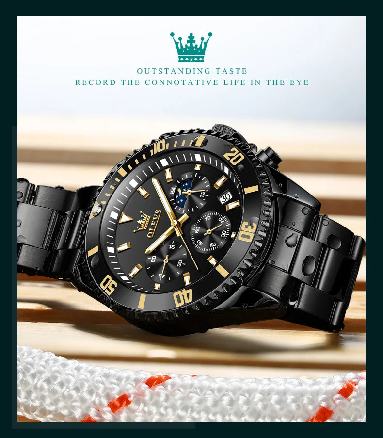 OLEVS Orologi da uomo Orologio di lusso delle migliori marche da uomo Cronografo originale impermeabile in acciaio inossidabile Fasi lunari Data Quadrante Rota