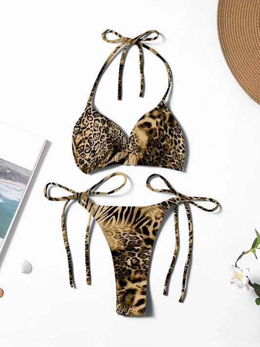 Nuovo Bikini Due Pezzi da Donna Stampato, Sexy e alla Moda, con Laccetti e Collo all'Americana