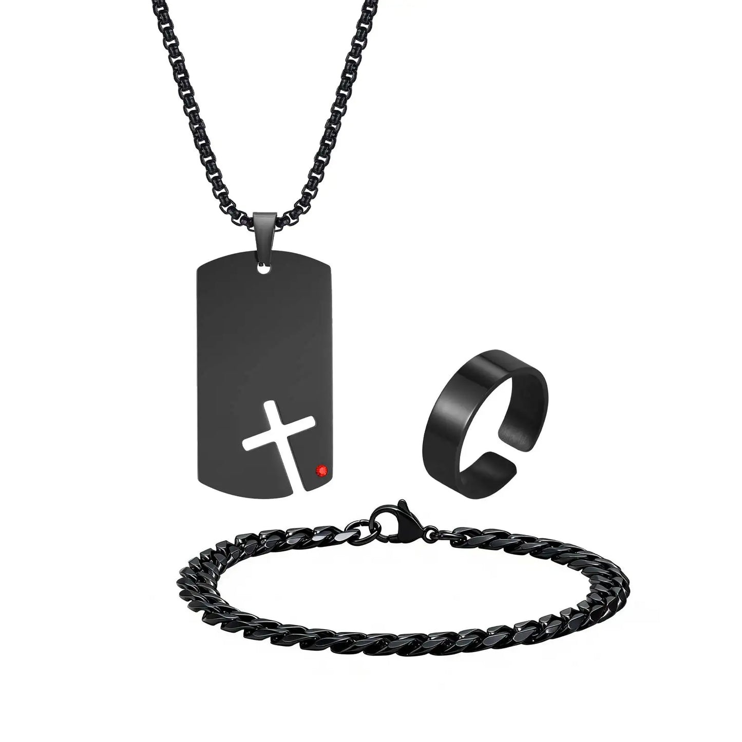 Set di 3 Pezzi: Collana Dogtag per Uomini e Ragazzi, Bracciale con Catena Cubana in Acciaio Inossidabile, Set di Anelli Impermeabili Regalo