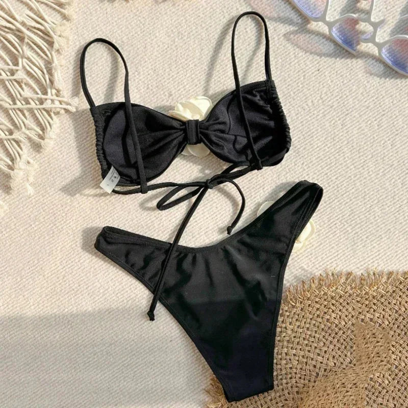 Costume da Bagno Sexy con Fiori e Fascia, Bikini a Perizoma 2025, Costumi da Bagno Donna con Lacci, Set Bikini Brasiliano, Biquini Mujer