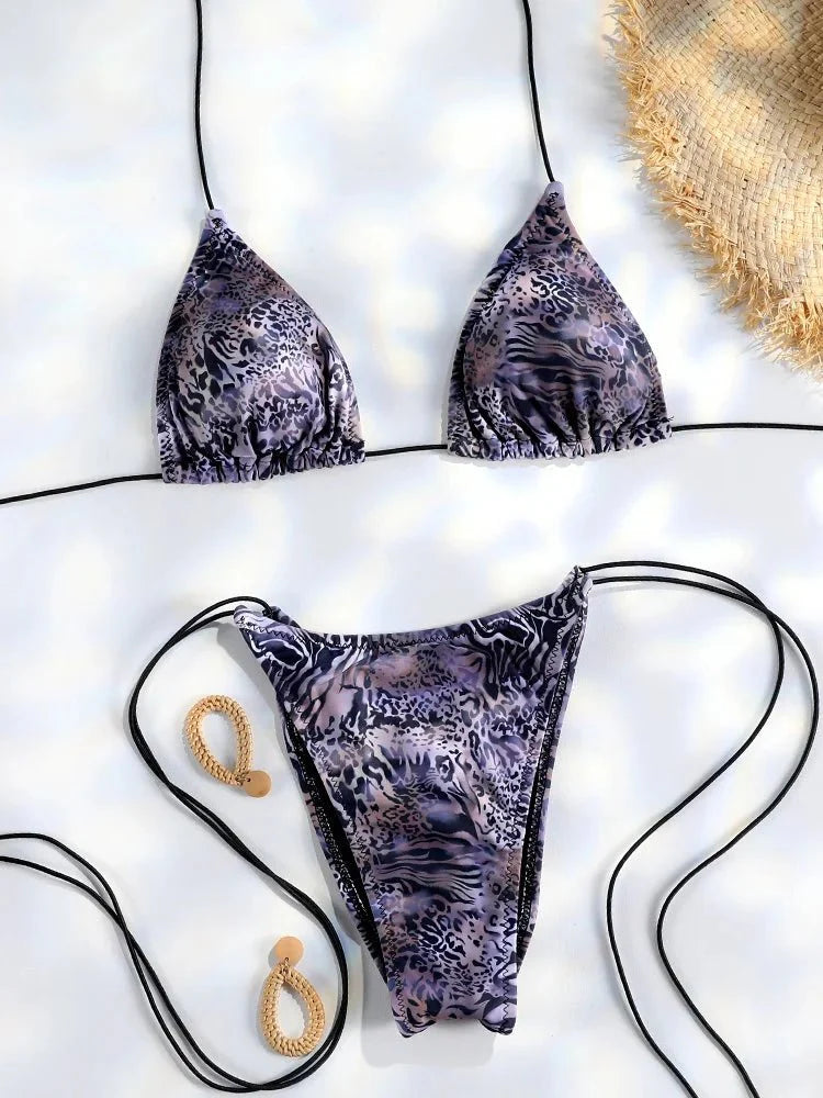 Set Bikini Triangolo Sexy Micro Thong, Costume da Bagno Donna, Biquini con Lacci, Abbigliamento da Spiaggia Stampato, Bikini Thong