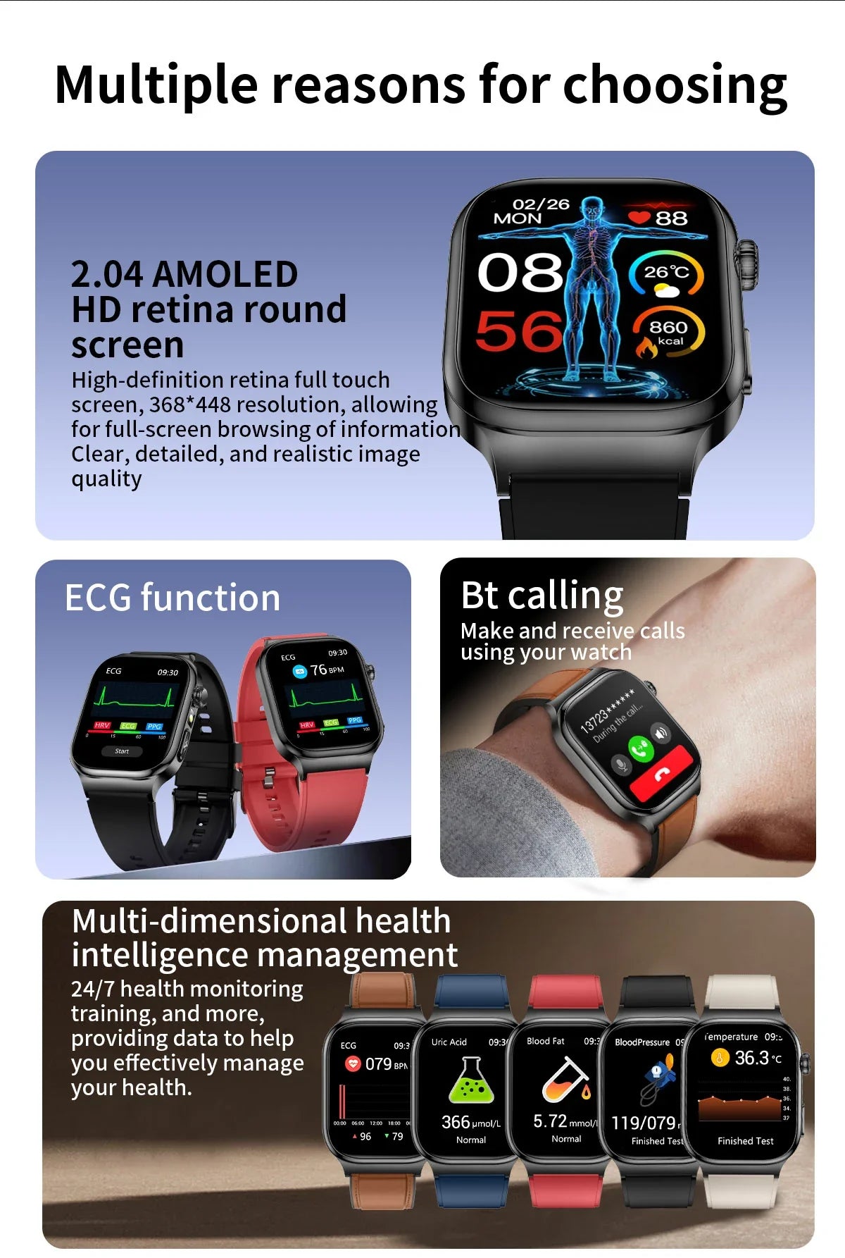 2026 Nuovo Misurazione Accurata Salute Smart Watch ECG + PPG Acido Urico Pressione Sanguigna Lipidi Nel Sangue Chiamata BT Smartwatch Per Le Donne Degli Uomini