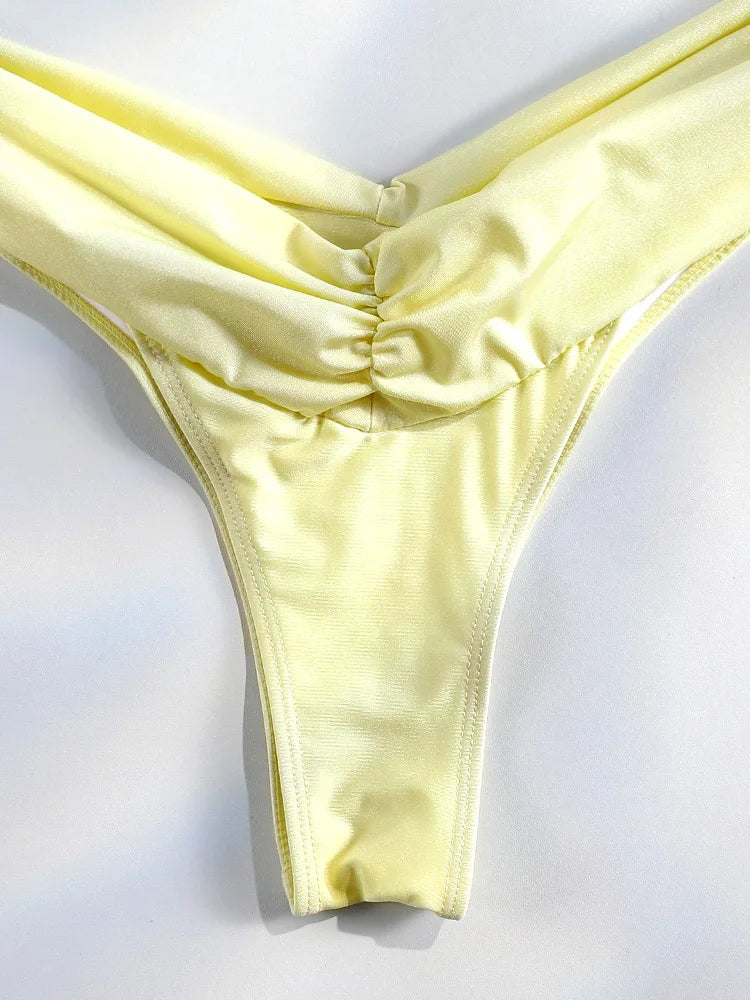 Set Bikini Sexy con Pieghe, Micro Bikini Tinta Unita, Costume da Bagno Femminile a Triangolo, Abbigliamento da Spiaggia