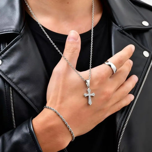 Set di Gioielli Hip Hop da Uomo 3 Pezzi, Ciondolo a Croce in Acciaio Inossidabile, Bracciale con Catena a Corda Intrecciata, Set di Gioielli Regalo per Papà, Figlio, Marito