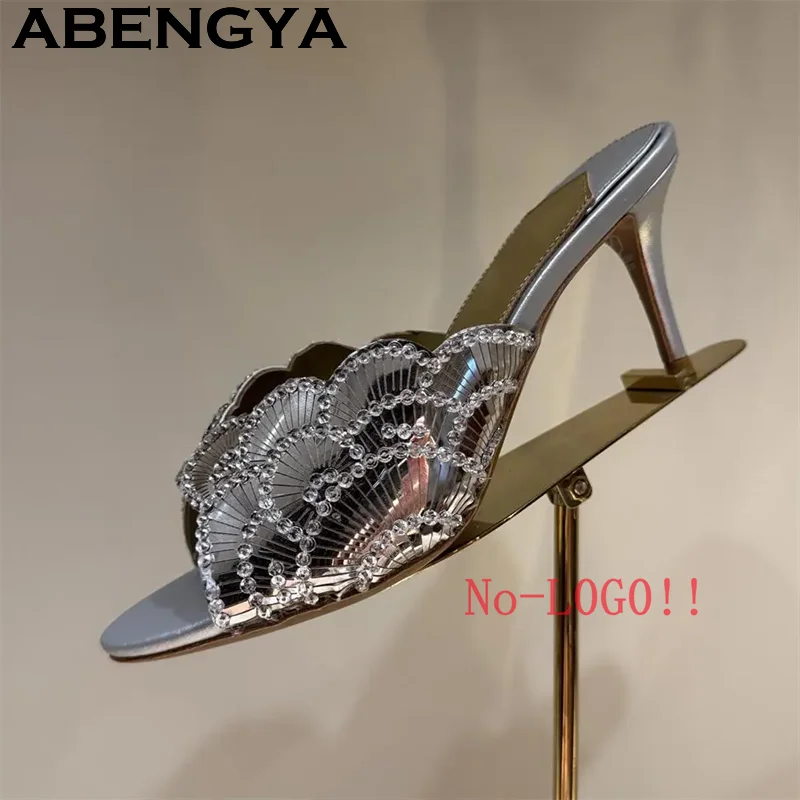 2026 Summer Trendy New Shiny Fish Mouth Toe Sexy Stiletto Sandals Woman Quality Sequined Thin High Heel Slippers for Women Shoes