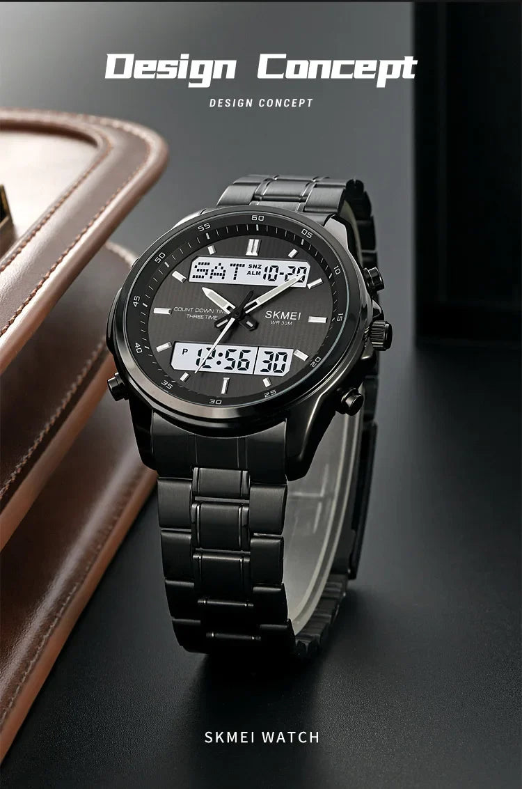 Skmei orologio da polso analogico al quarzo da uomo cinturino in acciaio inossidabile di lusso Led impermeabile digitale sportivo sveglia a tre fusi orari