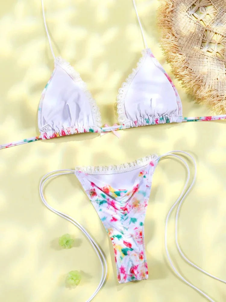 Set Bikini Triangolo Sexy Micro Thong, Costume da Bagno Donna, Biquini con Lacci, Abbigliamento da Spiaggia Stampato, Bikini Thong