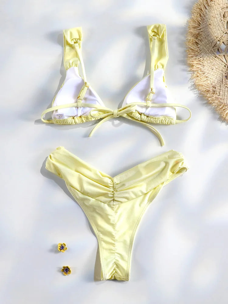 Costume da bagno bikini con pieghe sexy Micro bikini solido Costume da bagno donna Triangolo femminile Costume da bagno da spiaggia