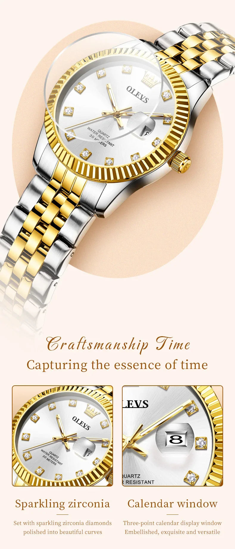 OLEVS 3705 Orologio da donna 30M Orologio al quarzo con data impermeabile per donna Orologio da donna di lusso con scala di diamanti a specchio ad alta durezza