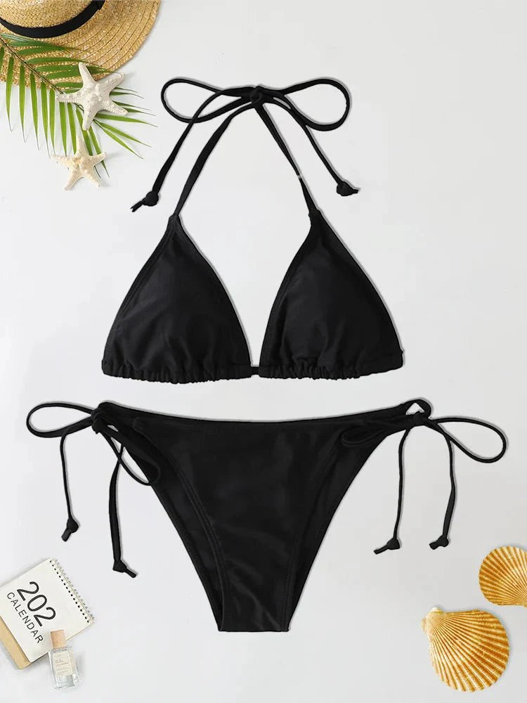 Set 2 Pezzi Bikini Sexy alla Moda per Donna, Costume da Bagno Triangolare con Laccetti, Abbigliamento da Spiaggia, Perizoma, Costume Intero Brasiliano