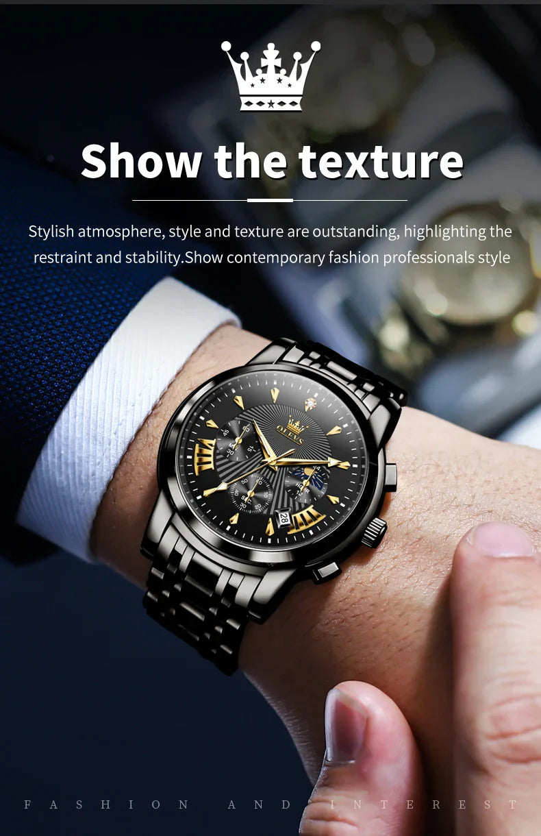 OLEVS Orologi al quarzo da uomo Orologi di marca in acciaio inossidabile Orologio sportivo impermeabile per uomo Cronografo con fasi lunari