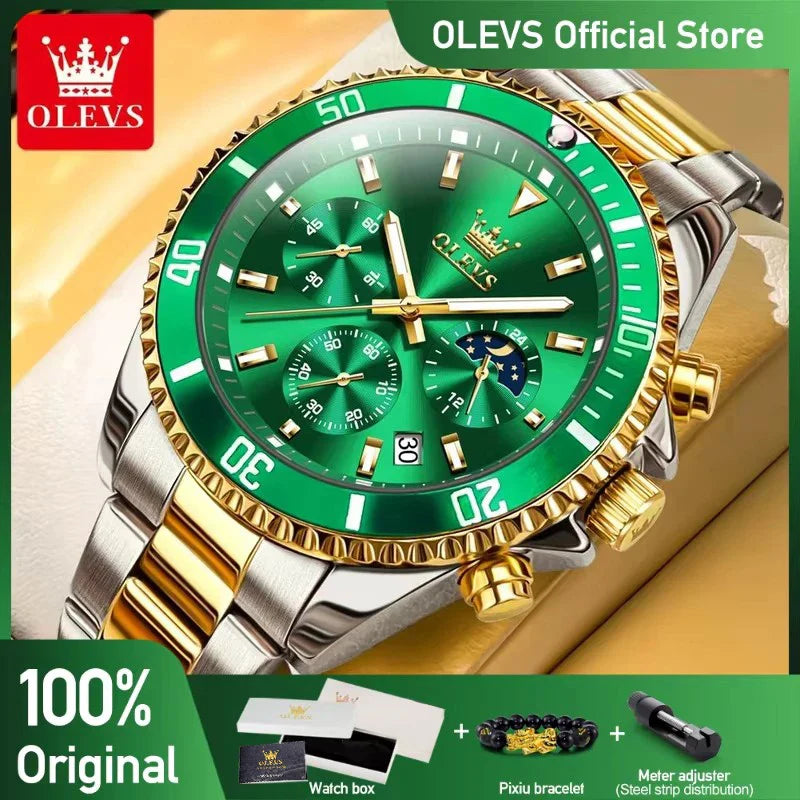 OLEVS Orologi da uomo Orologio di lusso delle migliori marche da uomo Cronografo originale impermeabile in acciaio inossidabile Fasi lunari Data Quadrante Rota