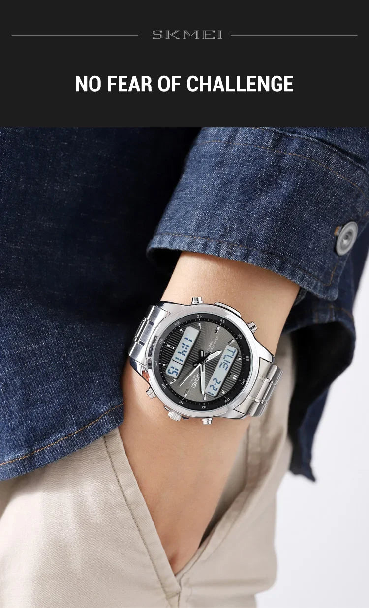 Skmei orologio da polso analogico al quarzo da uomo cinturino in acciaio inossidabile di lusso Led impermeabile digitale sportivo sveglia a tre fusi orari