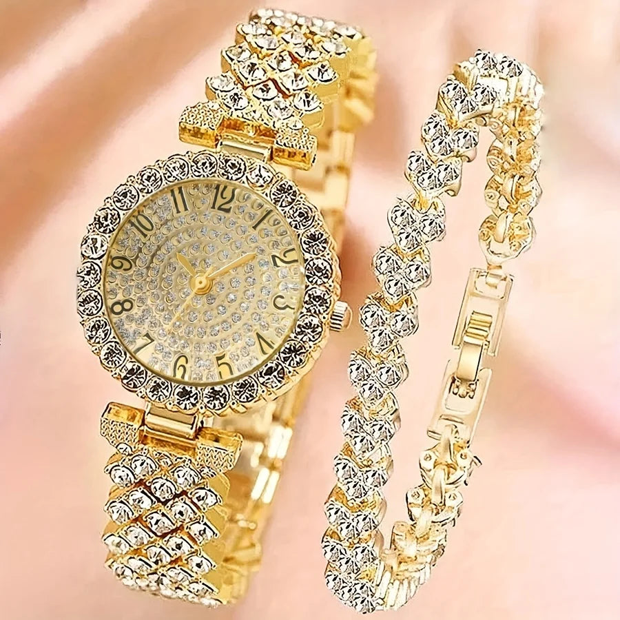 2 pezzi e 1 pezzo elegante orologio in cristallo orologio al quarzo con cinturino in cristallo pieno di lusso semplice alla moda in acciaio inossidabile