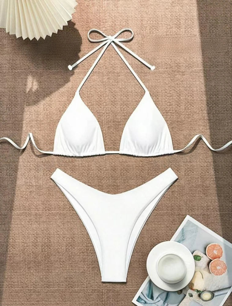 Costume da bagno bikini a perizoma da donna sexy, tinta unita bianco/nero/caffè, con laccetti, stile brasiliano, nuovo, in doppio tessuto, per la spiaggia