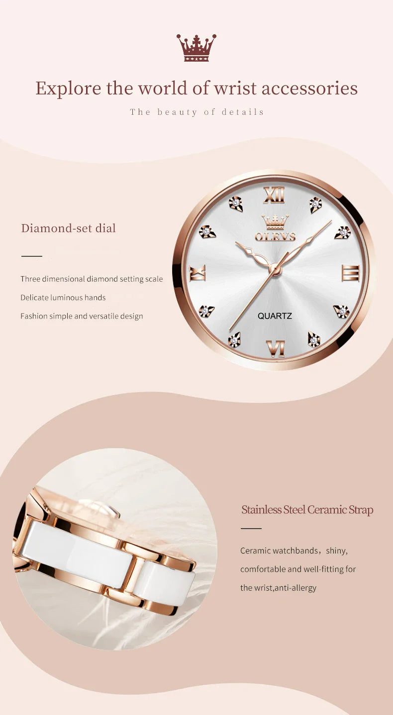 Orologio da donna OLEVS 5872, elegante orologio al quarzo con cinturino in ceramica e acciaio, impermeabile, per donna.