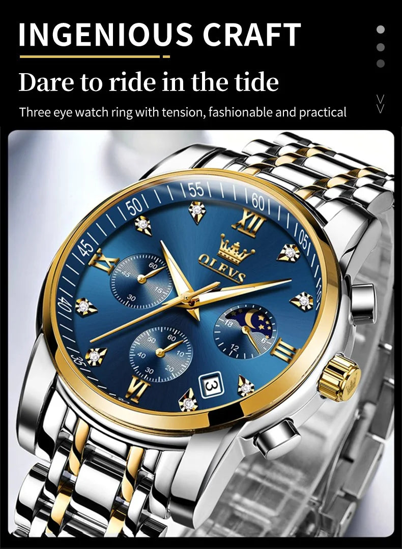 OLEVS 2858 Orologio da Uomo in Acciaio Inossidabile, Impermeabile, Antigraffio, con Fasi Lunari, Luminoso, Cronografo, Orologio da Polso al Quarzo di Lusso