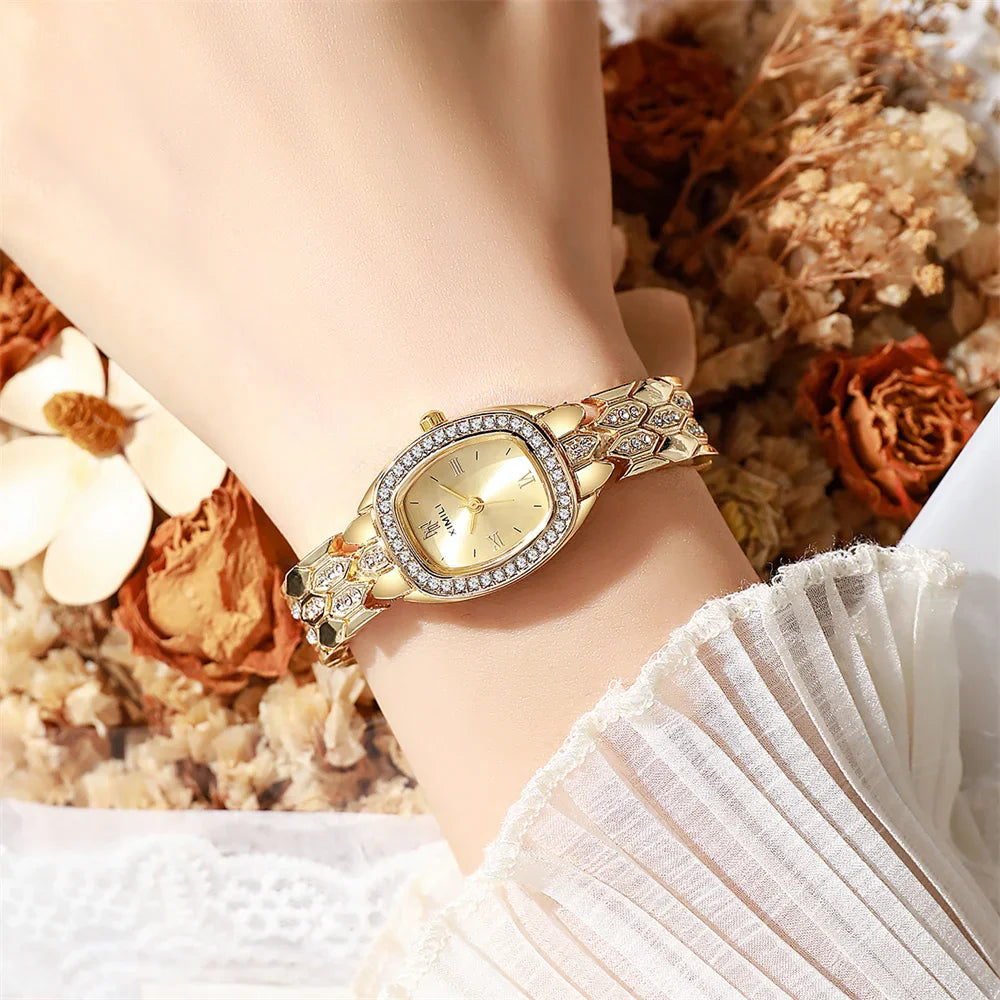 Orologio al quarzo moda donna placcato oro di lusso Semplice cinturino con fibbia di qualità per orologio da lavoro in acciaio inossidabile a forma di botte di Roma