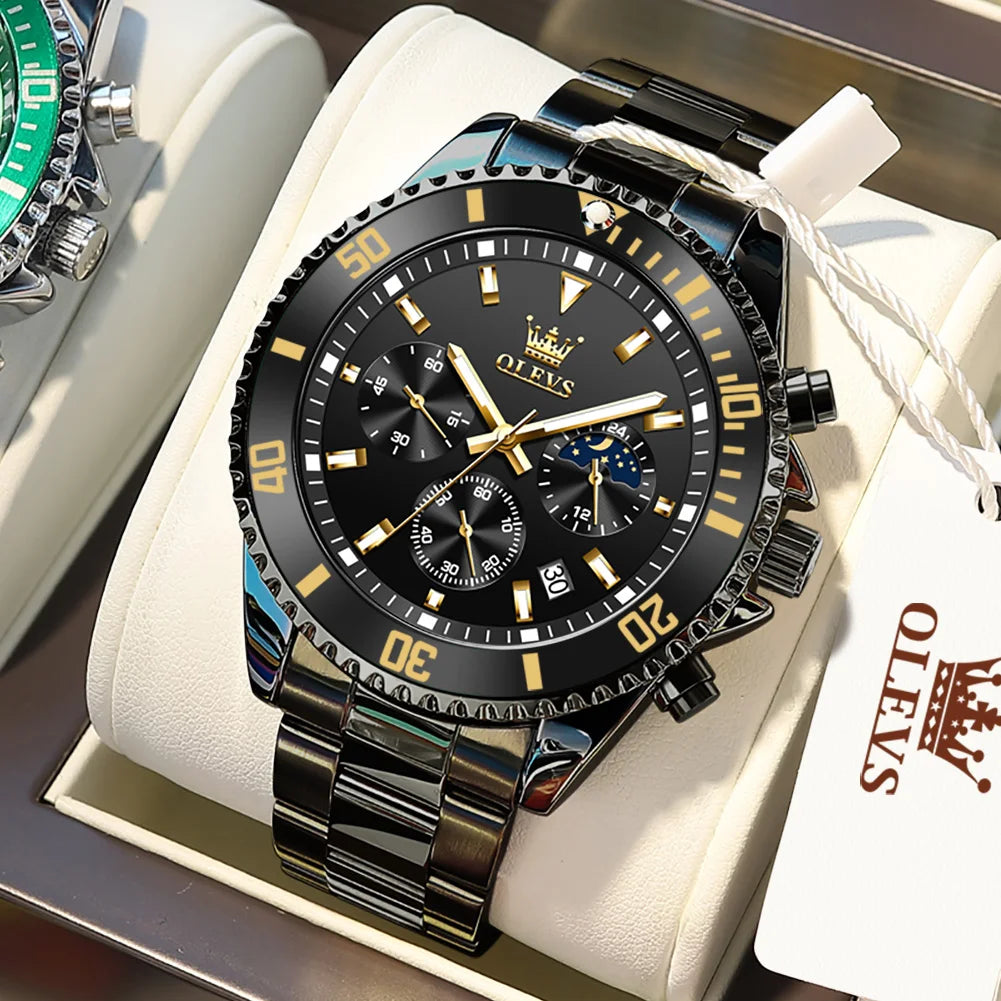 OLEVS Orologi da uomo Orologio di lusso delle migliori marche da uomo Cronografo originale impermeabile in acciaio inossidabile Fasi lunari Data Quadrante Rota