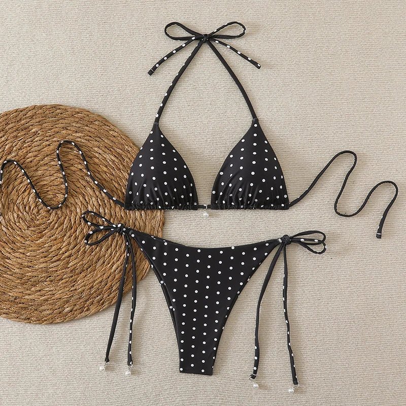 Bikini di Tendenza 2026, Costume da Bagno Sexy con Perle, Micro Bikini a Pois, Abbigliamento da Spiaggia per Donna