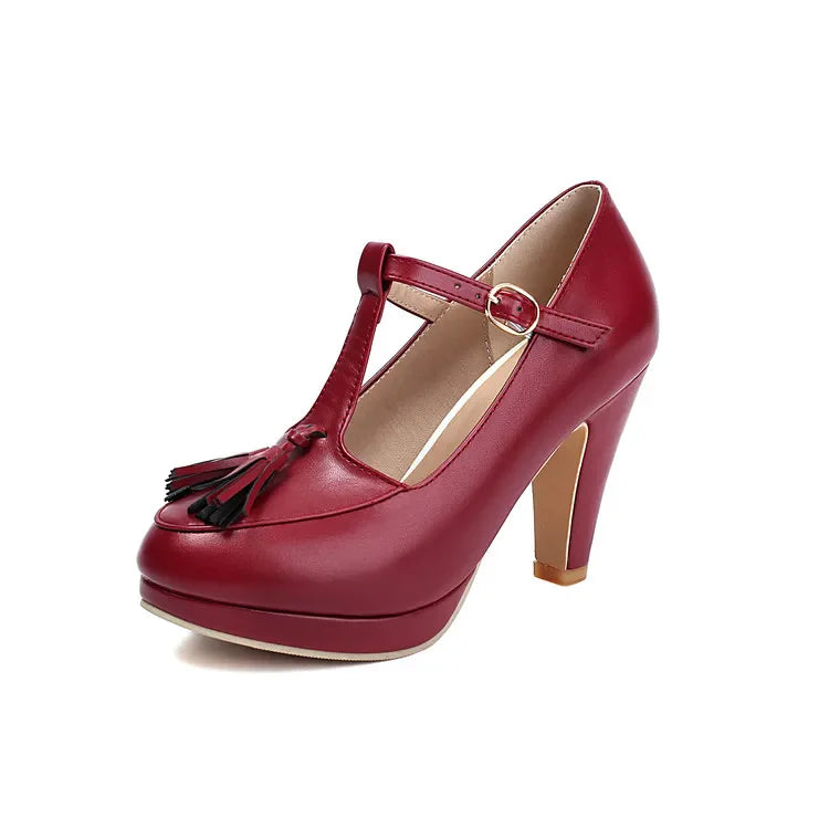 NASBAVI Fashion Female Pumps Round Toe Chunky Heels 9cm Platform 1.5cm Buckle T-Strap Tassels Plus Size 46 47 48 Sexy Shoes