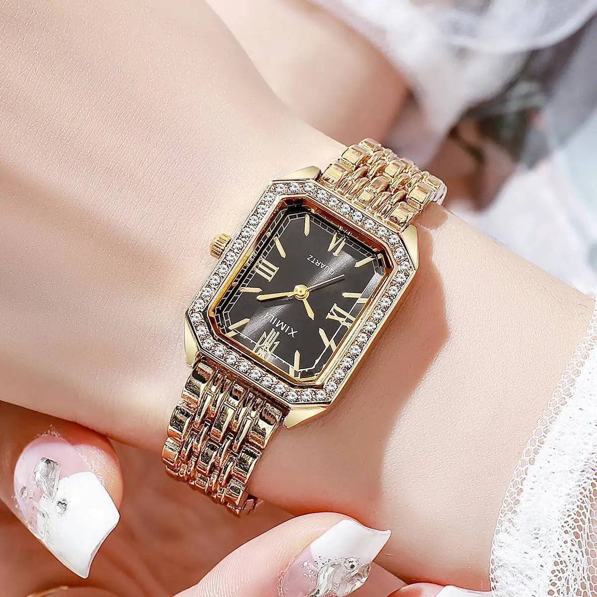 Orologi da donna rettangolari alla moda Orologio da donna al quarzo con strass Orologio da polso con cinturino Reloj Mujer (senza scatola)