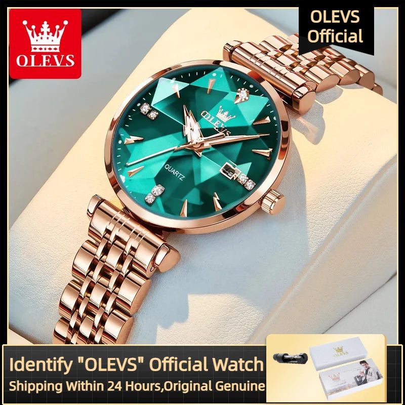 OLEVS 5536 Orologio da donna al quarzo con diamanti di marca di lusso Moda elegante orologio da donna impermeabile in oro rosa con bracciale Set Reloj Mujer