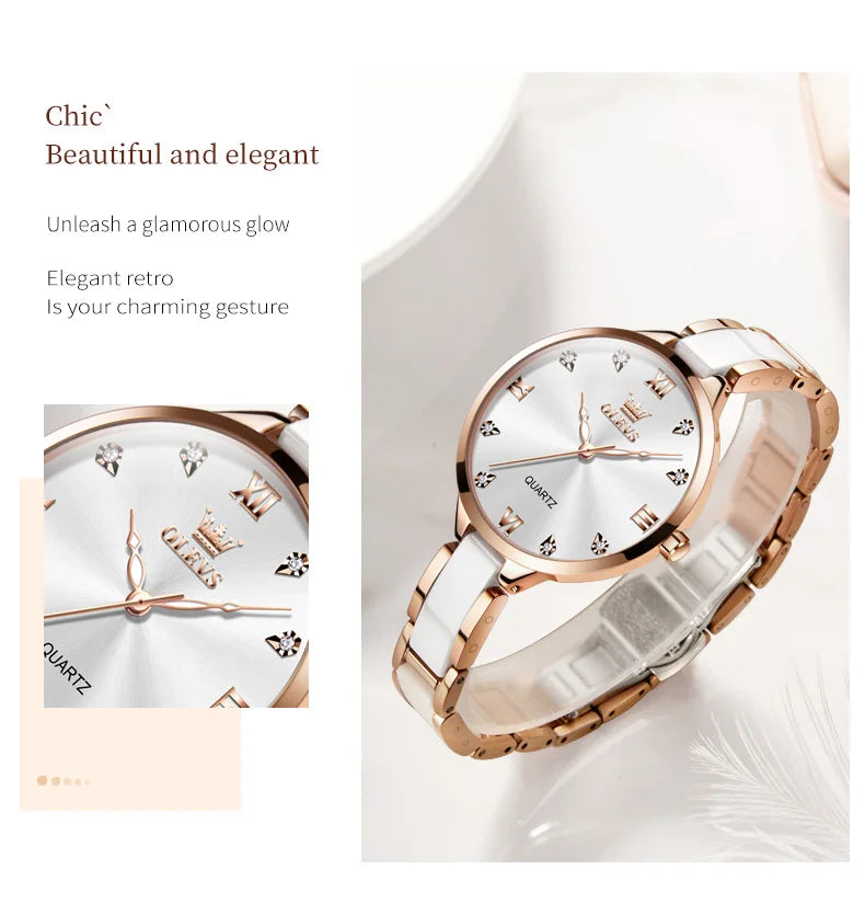 Orologio da donna OLEVS 5872, elegante orologio al quarzo con cinturino in ceramica e acciaio, impermeabile, per donna.