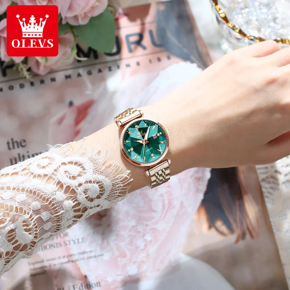 OLEVS 5536 Orologio da donna al quarzo con diamanti di marca di lusso Moda elegante orologio da donna impermeabile in oro rosa con bracciale Set Reloj Mujer