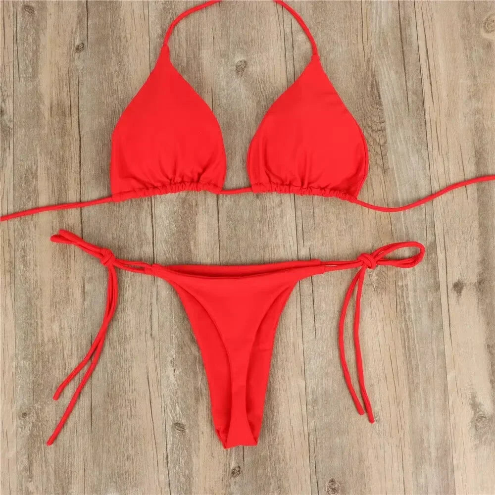 Set bikini perizoma da donna con cravatta laterale costume da bagno sexy stile fasciatura costumi da bagno brasiliani attrezzatura da nuoto in poliestere per la festa estiva