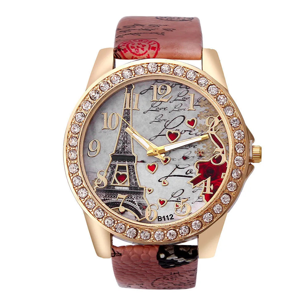 Orologio al quarzo in pelle PU da donna alla moda con strass Torre Eiffel