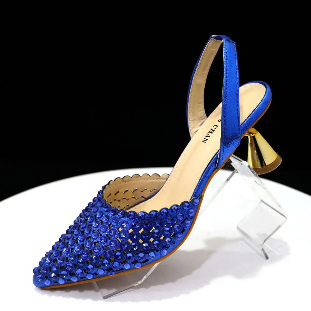 Venus Chan Pointed Toe Heels for Women 2023 Elegant Party Wine Color Full Diamond Pumps Italian Shoes and Bags Matching Set