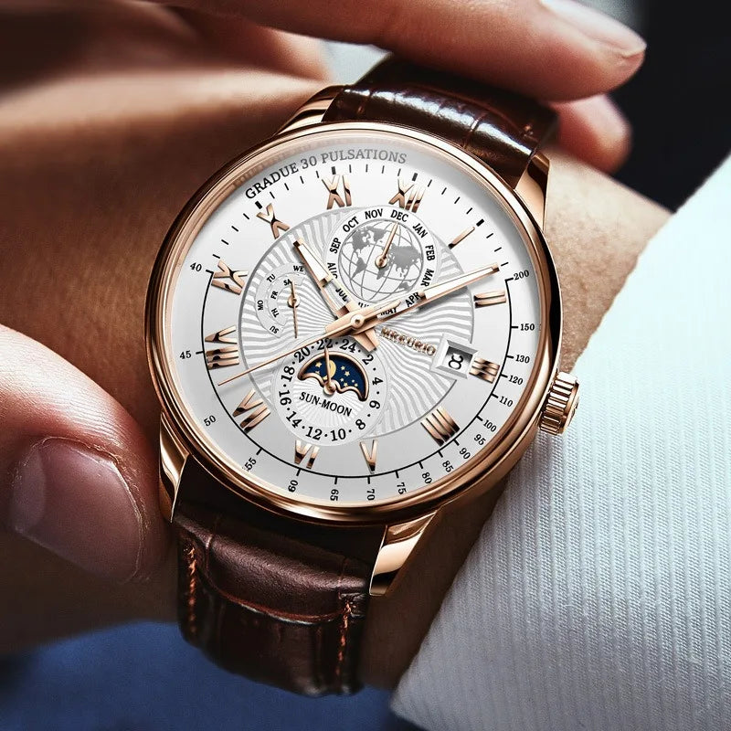 Orologio da uomo di lusso cronografo impermeabile modello fasi lunari orologio da polso da uomo luminoso in pelle orologi al quarzo da uomo orologio Casual