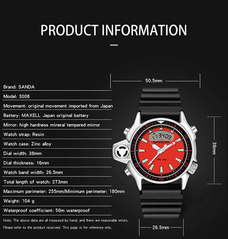 SANDA Sport orologio digitale al quarzo da uomo orologi subacquei creativi orologio da uomo con allarme impermeabile orologio con doppio Display Relogio Masculino