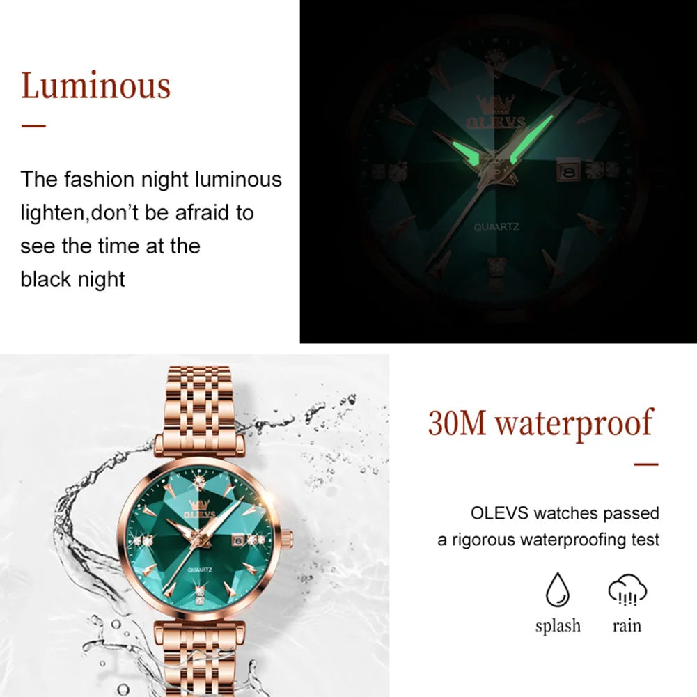 OLEVS 5536 Orologio da donna al quarzo con diamanti di marca di lusso Moda elegante orologio da donna impermeabile in oro rosa con bracciale Set Reloj Mujer