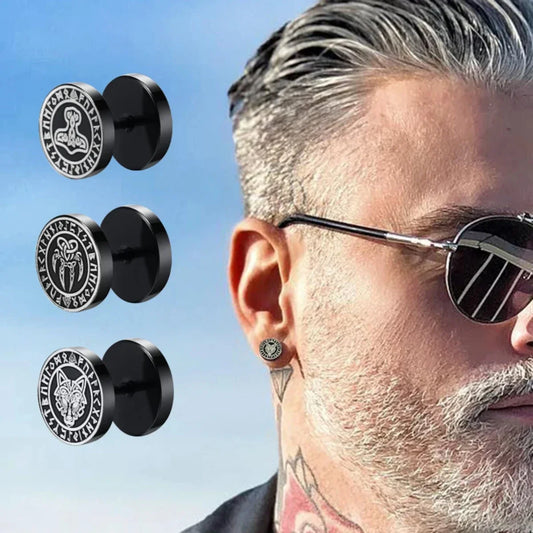 Orecchini a bottone con rune vichinghe norvegesi gotiche per uomo Ragazzi Rock Punk Acciaio inossidabile Testa di lupo Bussola Nodo celtico Orecchini neri Regalo
