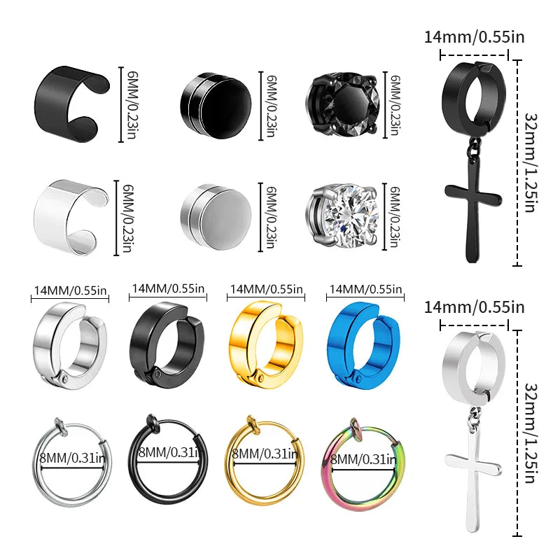 1/16 paia di orecchini a bottone magnetici da uomo in acciaio inossidabile con croce Non penetrante orecchini a cerchio Unisex CZ Magnet Clip on Earring