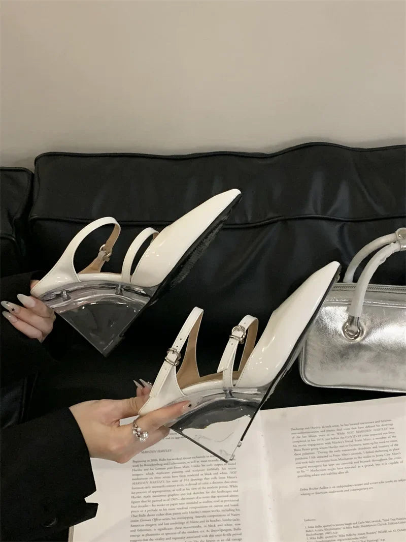 Liyke New Fashion Transparent Wedge Slippers Women Pumps Patent Leather Pointed Toe Buckle Strap Designer High Heels Mules Shoes