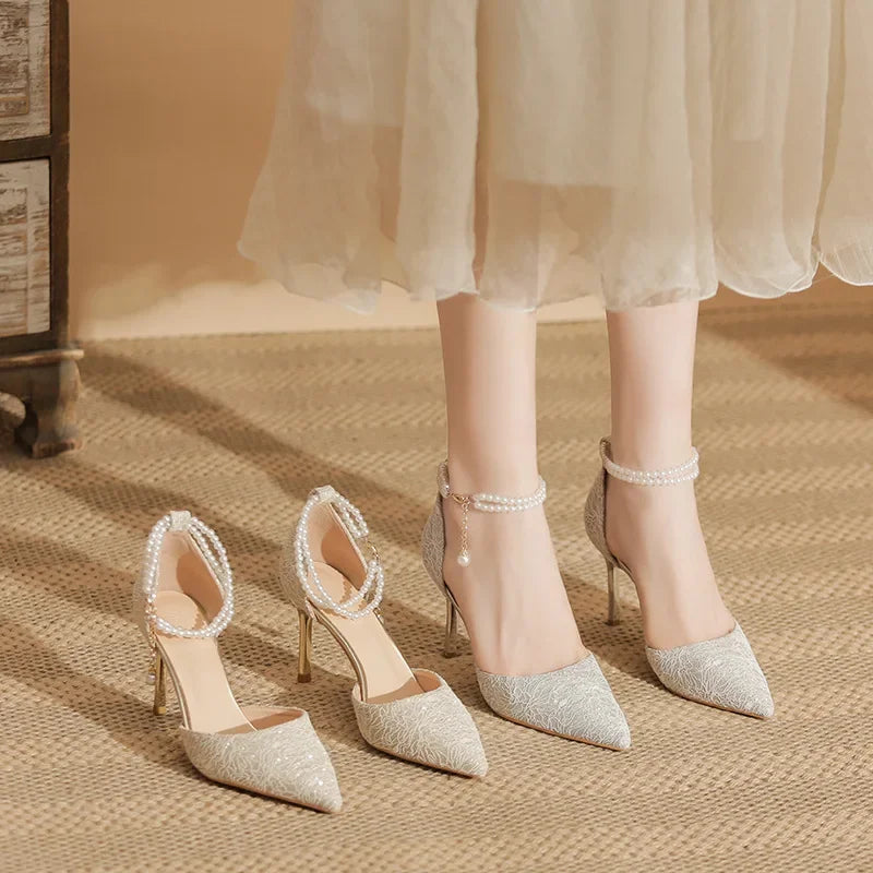 Size 31-43 Women High Heels Stiletto Heel Summer Lace Mesh Sweet Gold Silver Wedding Shoes