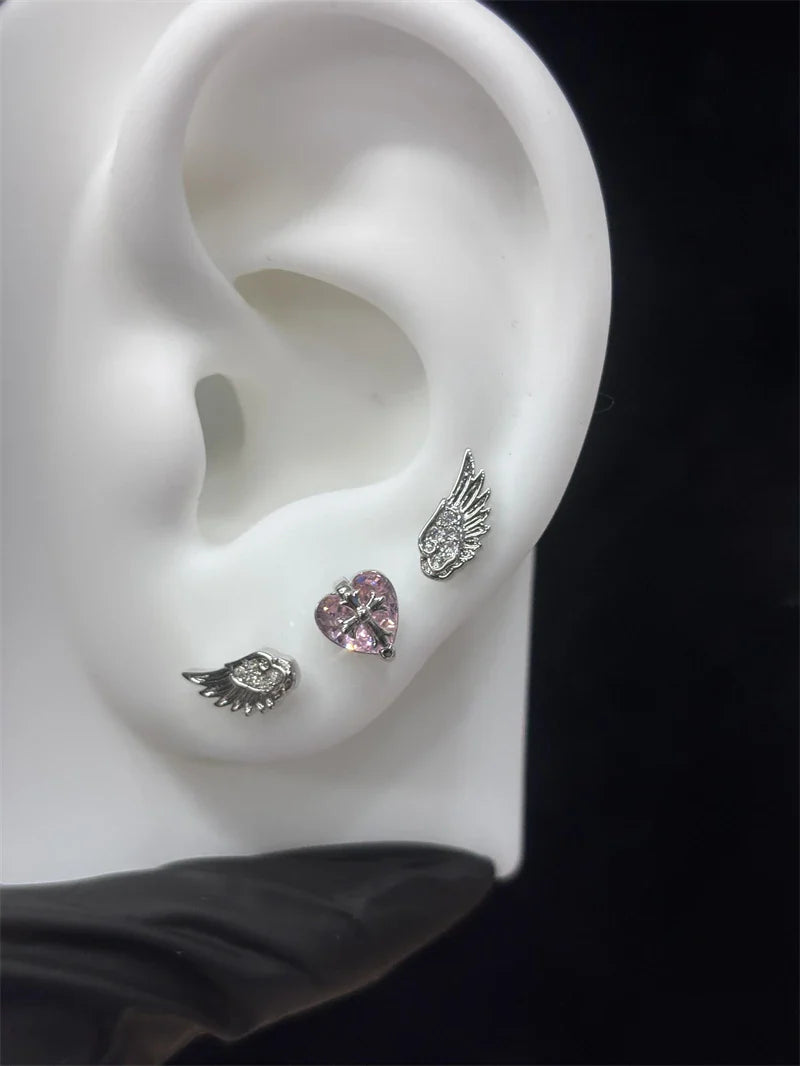 New Fashion Love Wings Cross Acciaio inossidabile Osso dell'orecchio Chiodo Zircone lucido Orecchino con filo alla moda per le donne Accessorio per piercing al corpo