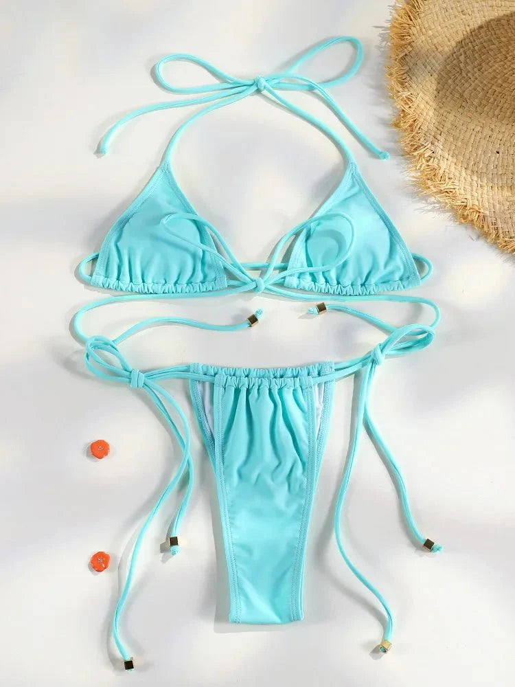 Set Bikini Triangolo Sexy Micro Thong, Costume da Bagno Donna, Biquini con Lacci, Abbigliamento da Spiaggia Stampato, Bikini Thong
