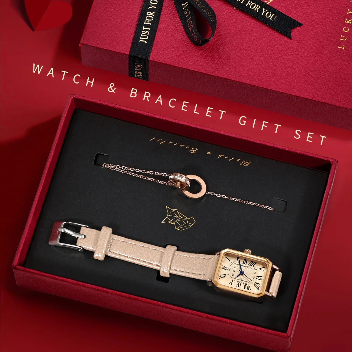 LUCKY FOX 2 pezzi confezione regalo di lusso leggera set braccialetto orologio orologio al quarzo quadrato da donna semplice e alla moda regalo del festival Reloj