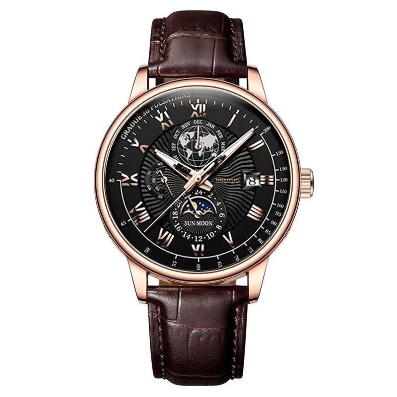 Orologio da uomo di lusso cronografo impermeabile modello fasi lunari orologio da polso da uomo luminoso in pelle orologi al quarzo da uomo orologio Casual