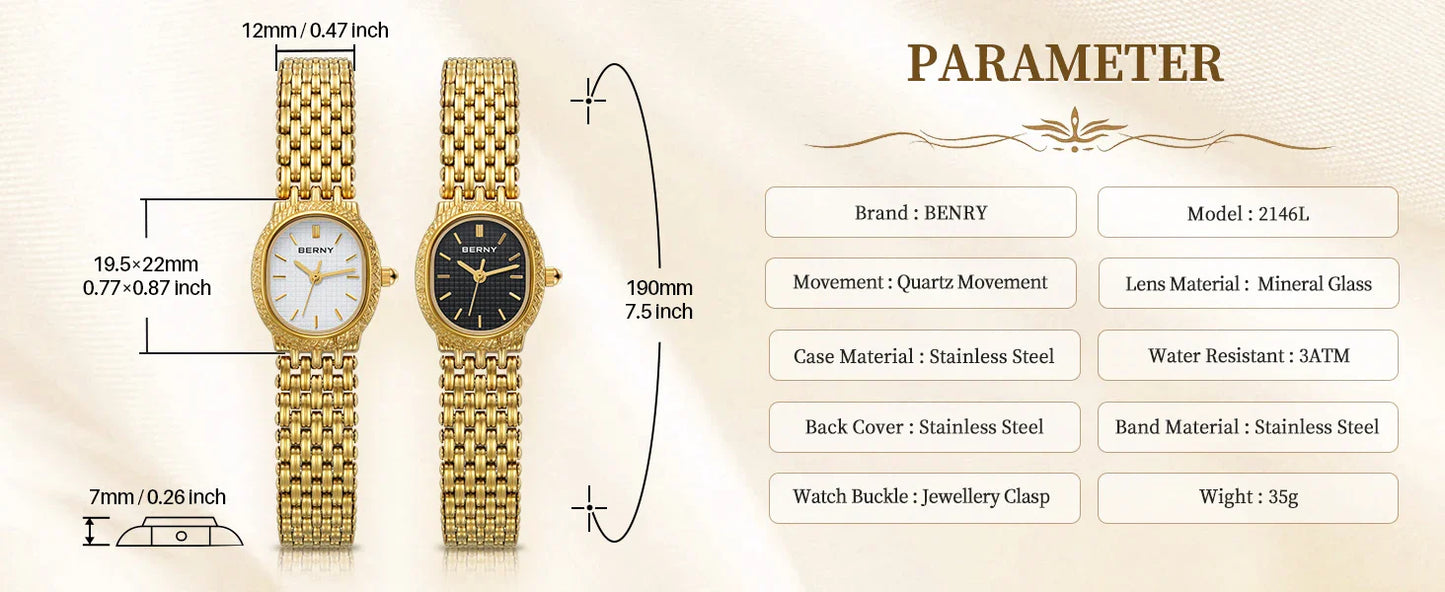 BERNY Orologio al quarzo da donna Cinturino in acciaio inossidabile dorato Orologio da polso ellittico di lusso Orologio da donna semplice retrò impermeabile