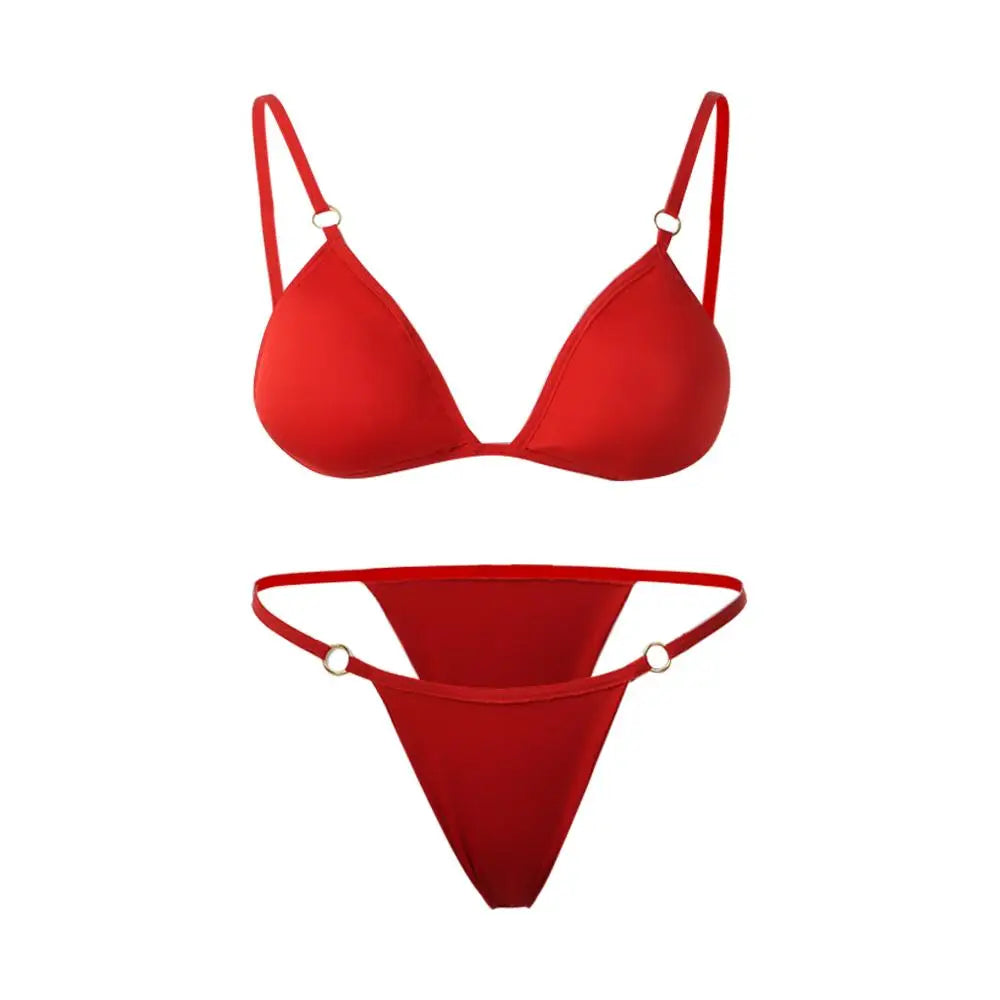 Costume da bagno bikini sexy da donna in tinta unita con fibbia in metallo decorato con costumi da bagno brasiliani per vacanze al mare