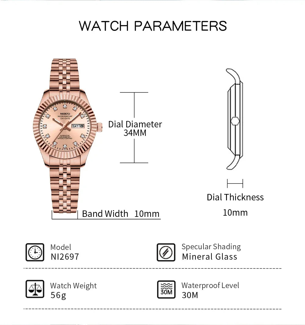 NIBOSI Orologi da donna con diamanti Orologio da donna casual di moda di lusso delle migliori marche Orologio da donna con data settimanale automatica impermeabile Reloj