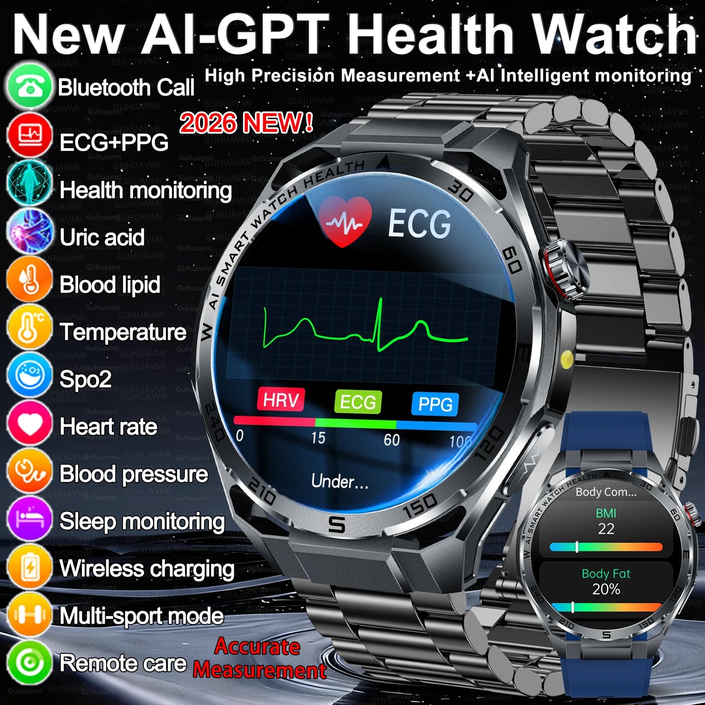 Nuovo Smartwatch 2026 con Analisi del Grasso Corporeo ECG+PPG, Acido Urico, Pressione Sanguigna, Ossigeno nel Sangue, Chiamate Bluetooth, Orologio Sportivo Intelligente per Uomini e Donne