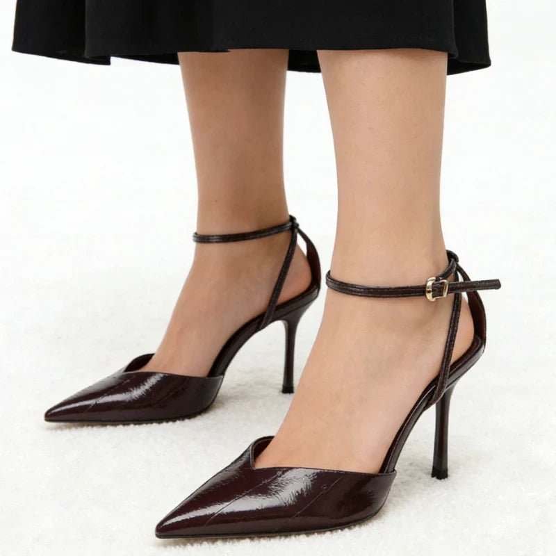 Designer Burgundy Red Ankle Strap Pumps Women Sexy Pointed-Toe Patent Leather High Heels for Ladies Elegant Party Dress Shoes