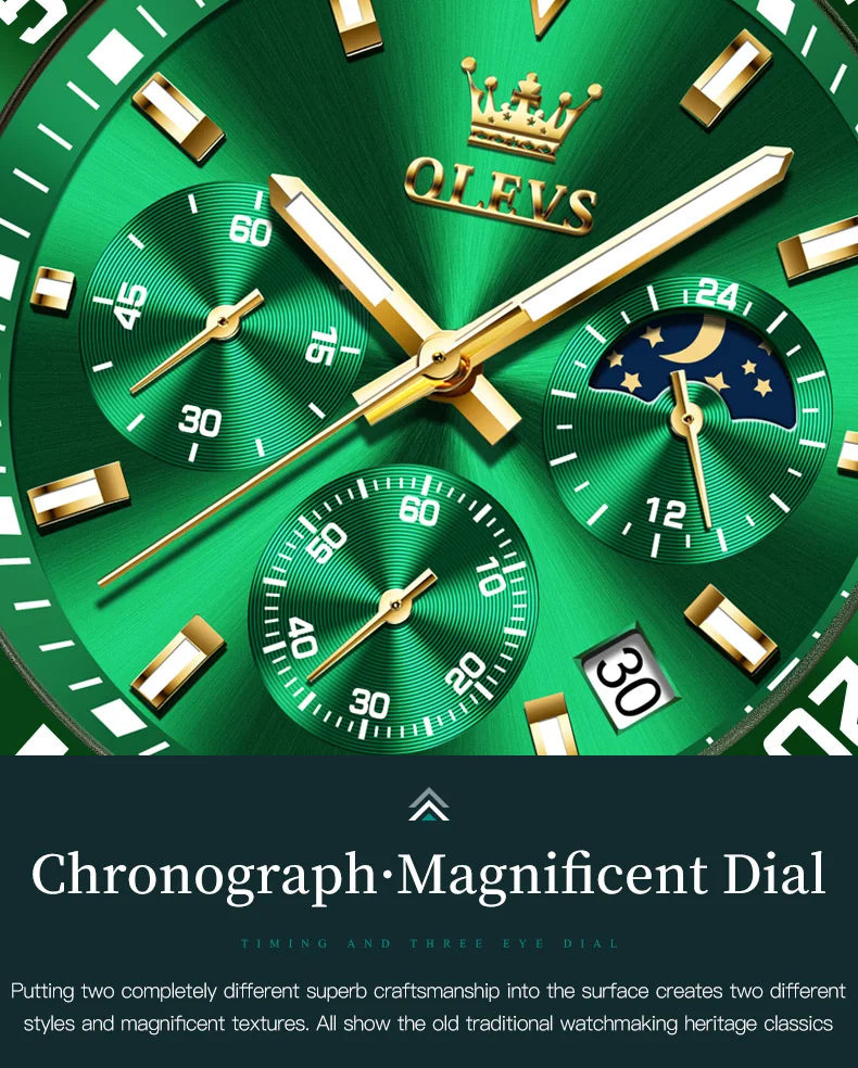 OLEVS Orologi da uomo Orologio di lusso delle migliori marche da uomo Cronografo originale impermeabile in acciaio inossidabile Fasi lunari Data Quadrante Rota